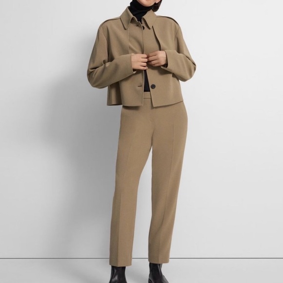 Theory Cropped Trench Coat in Admiral Crepe Beige Tan Brown Preppy Boho S - Picture 4 of 8